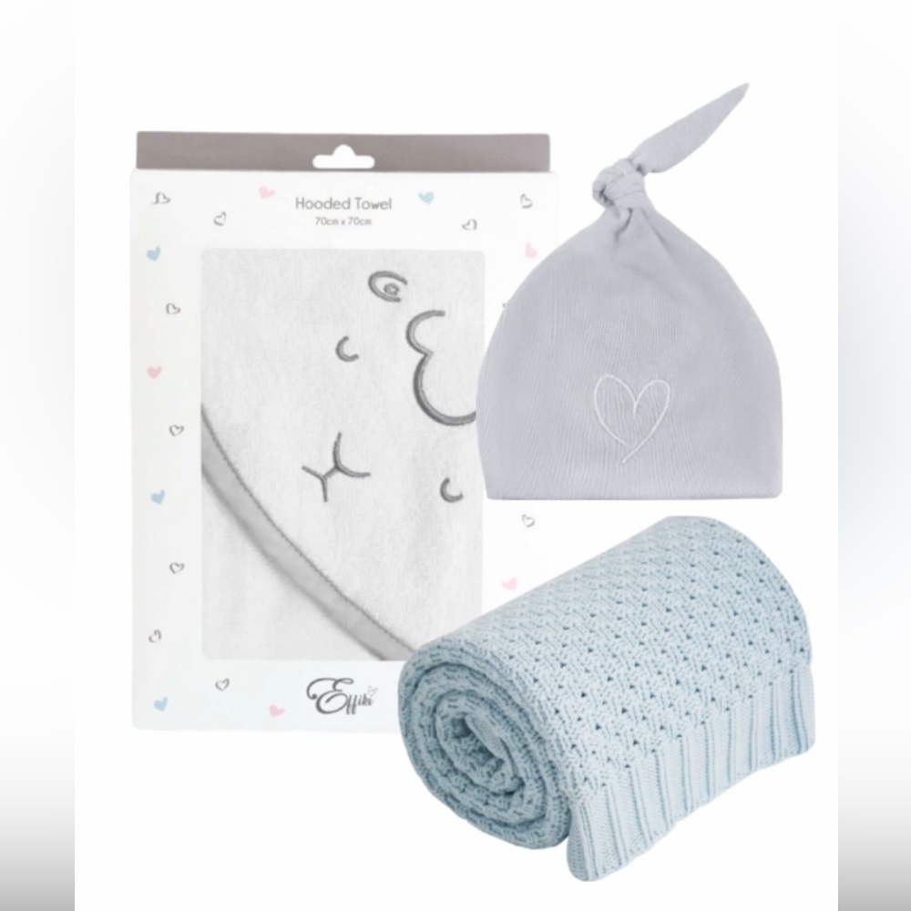 3 Piece Baby Welcome Home Gift For Boy Towel Blanket And Beany Hat 100% Cotton